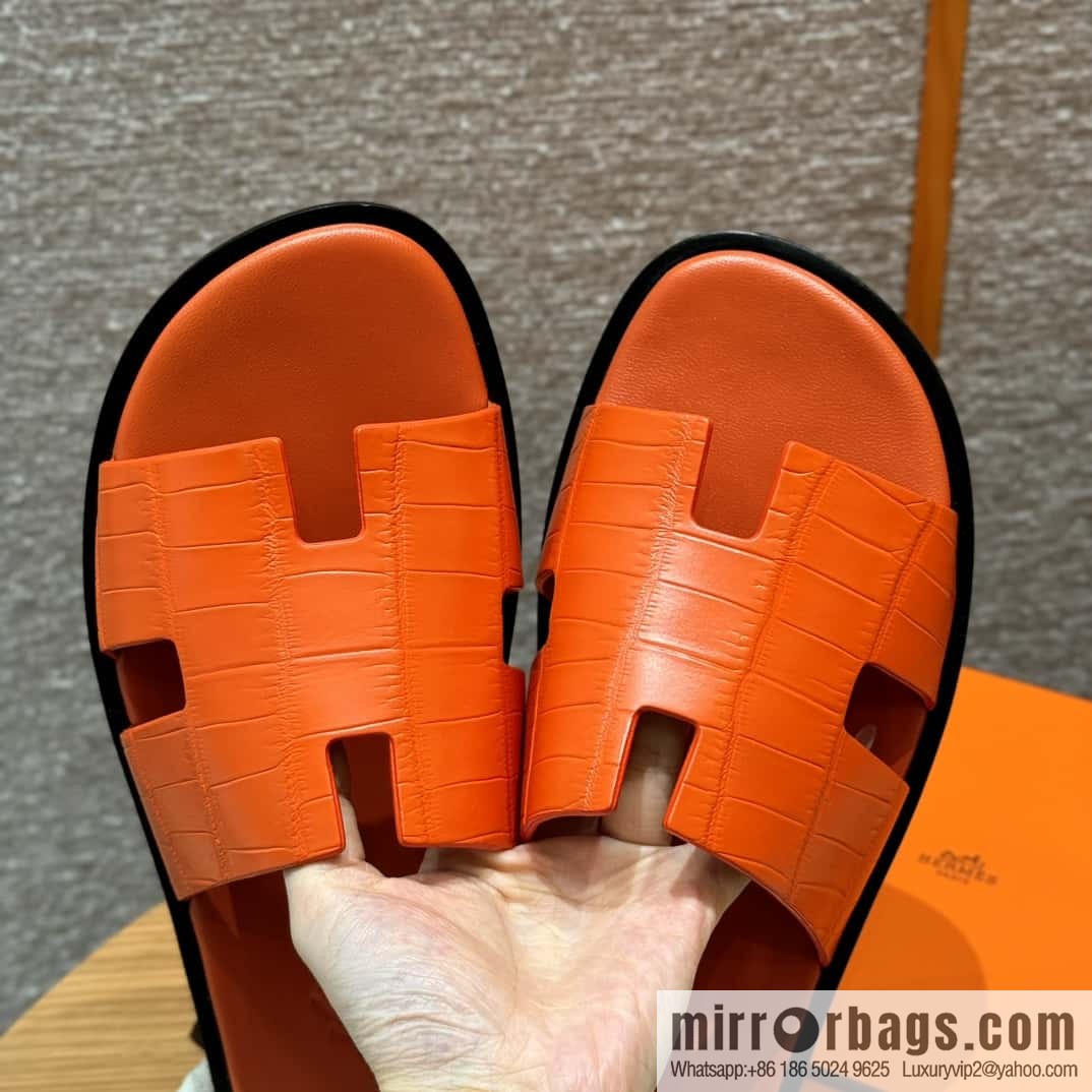HERMES 182 -Lzmir Men's slippers 93/Orange/Orange alligator/Crocodile🐊