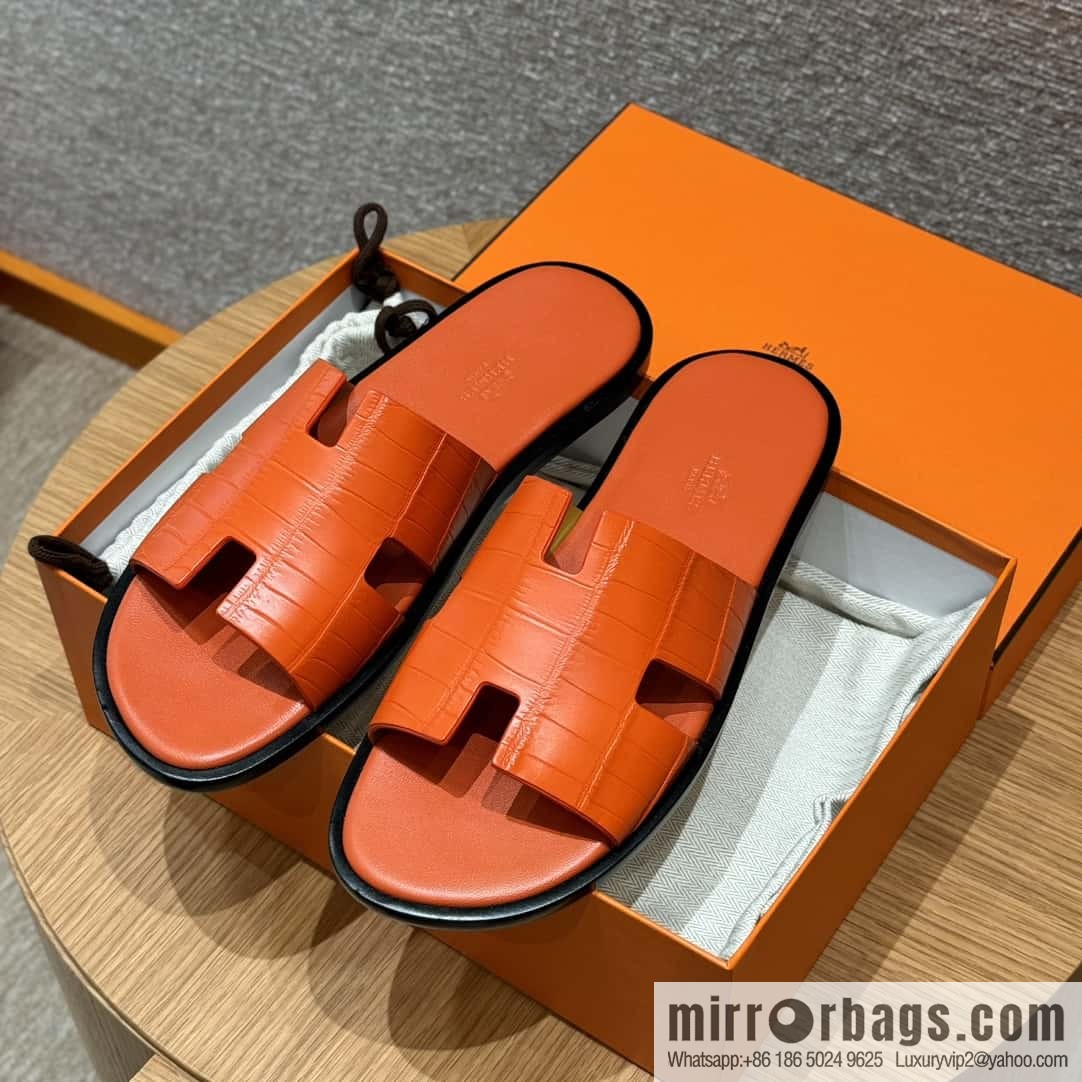 HERMES 182 -Lzmir Men's slippers 93/Orange/Orange alligator/Crocodile🐊