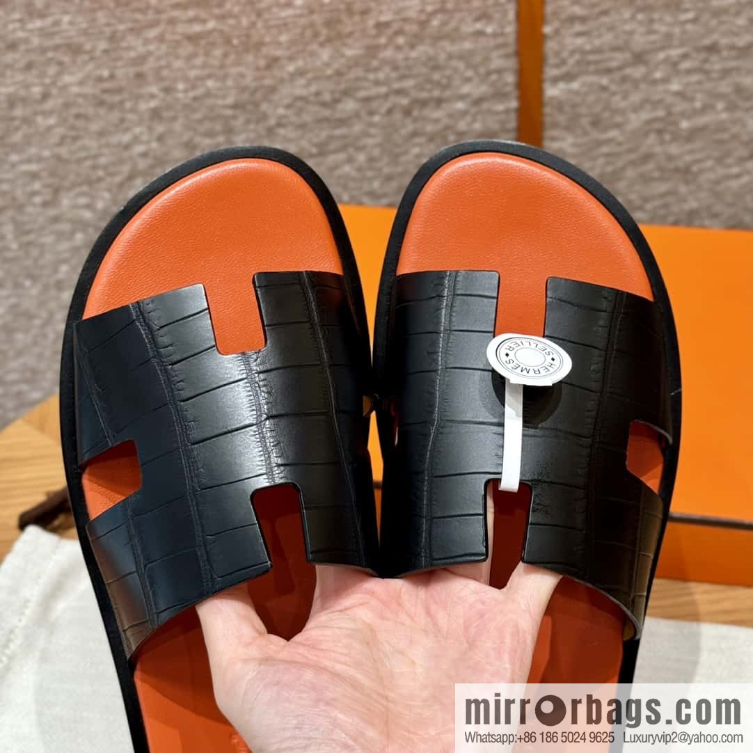 HERMES 182 -Lzmir Men's slippers, black/89/Black/with orange alligator/alligator🐊