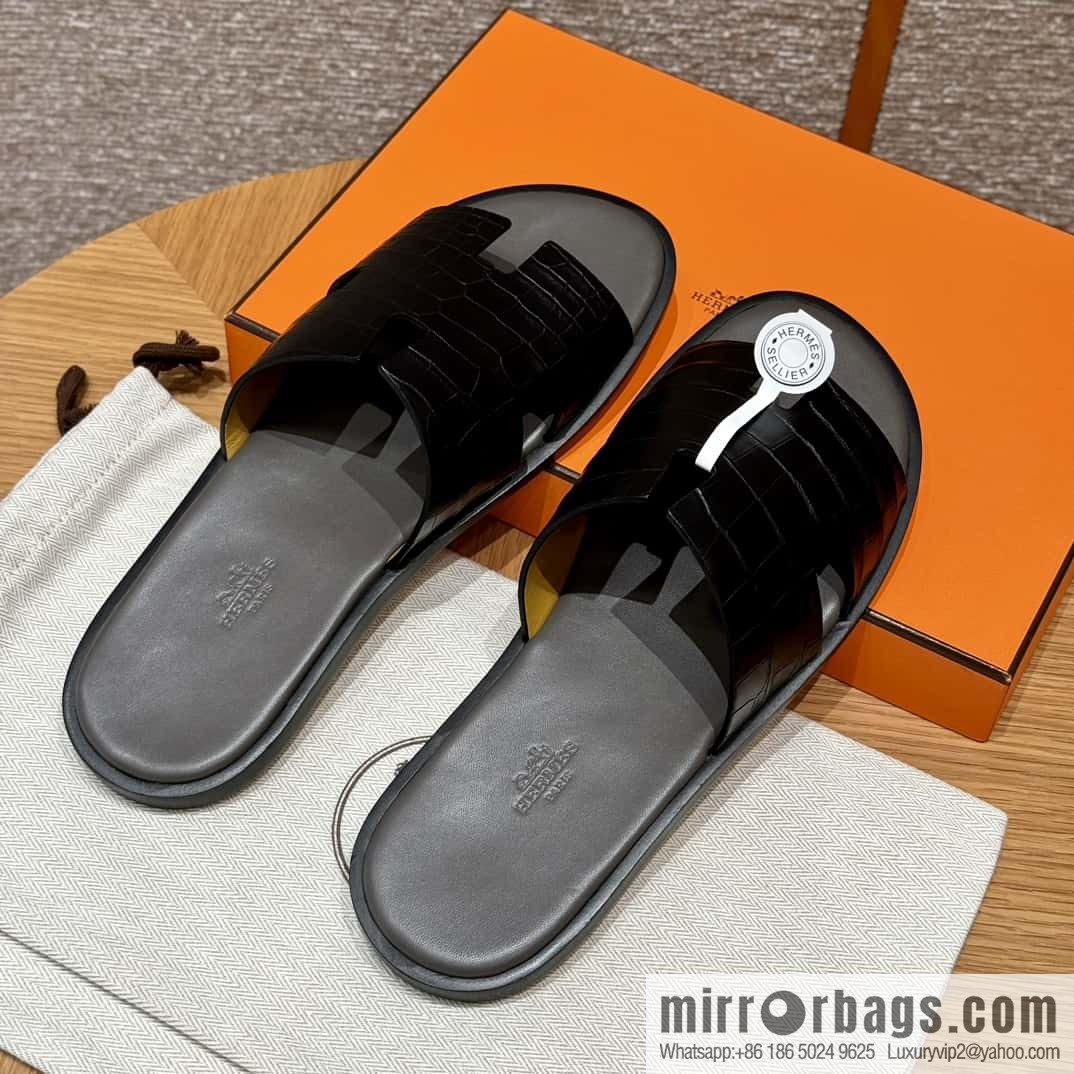 HERMES 182 -Lzmir Men's slippers, black/89/Black/with tin ash alligator/alligator🐊