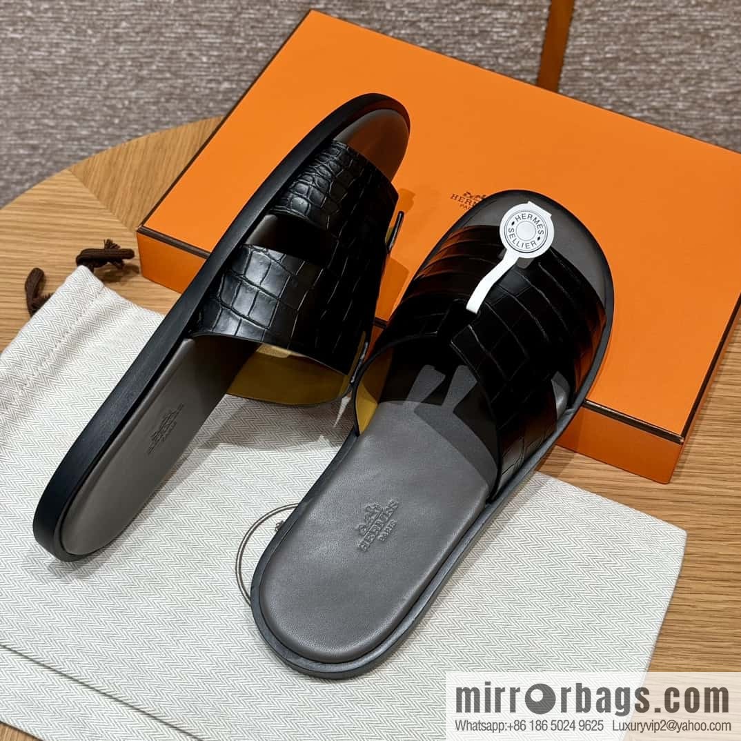 HERMES 182 -Lzmir Men's slippers, black/89/Black/with tin ash alligator/alligator🐊