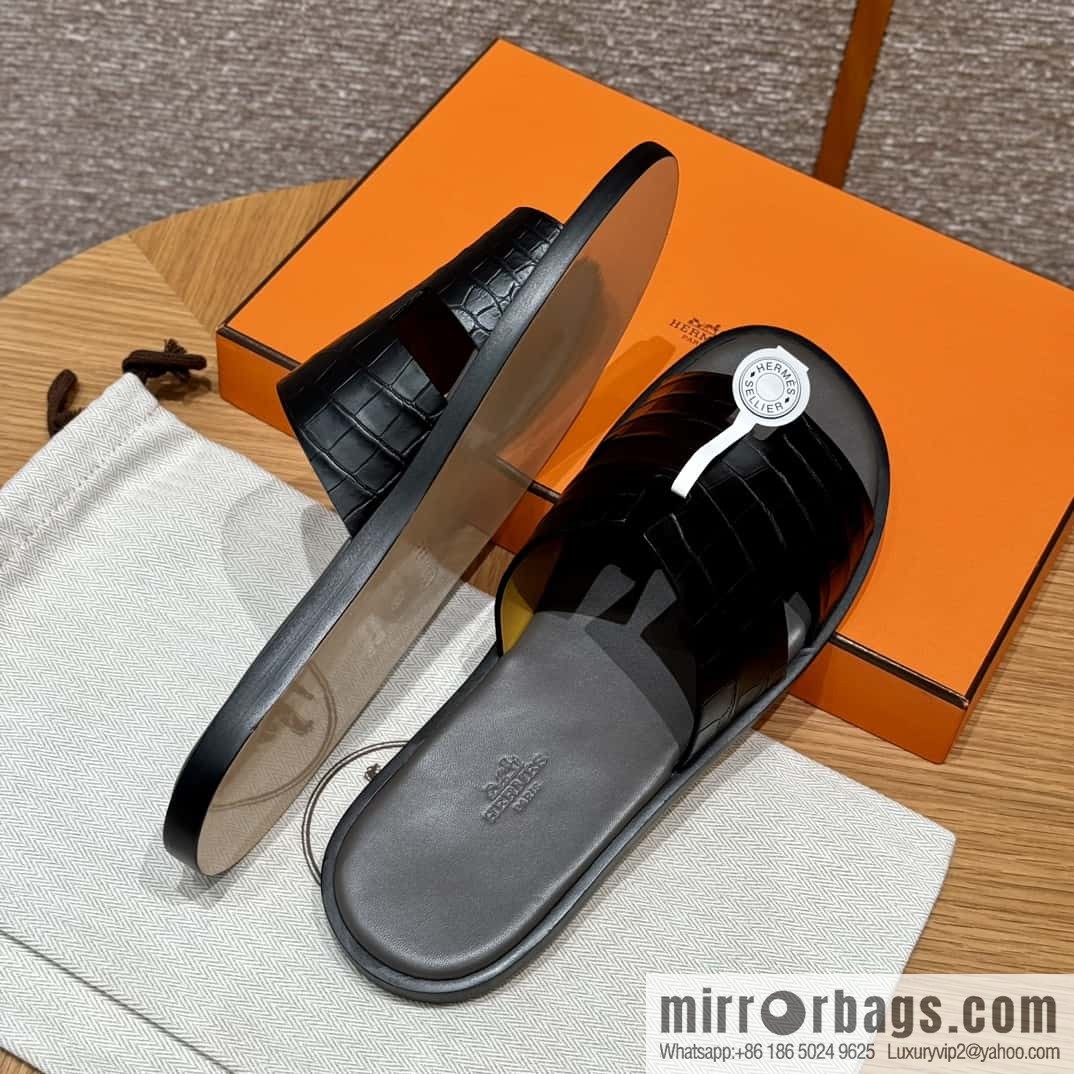 HERMES 182 -Lzmir Men's slippers, black/89/Black/with tin ash alligator/alligator🐊