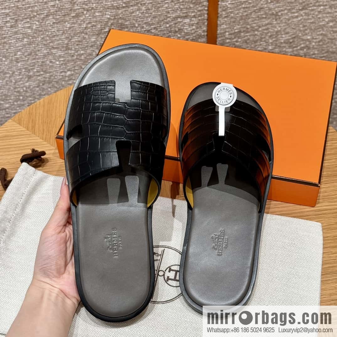 HERMES 182 -Lzmir Men's slippers, black/89/Black/with tin ash alligator/alligator🐊