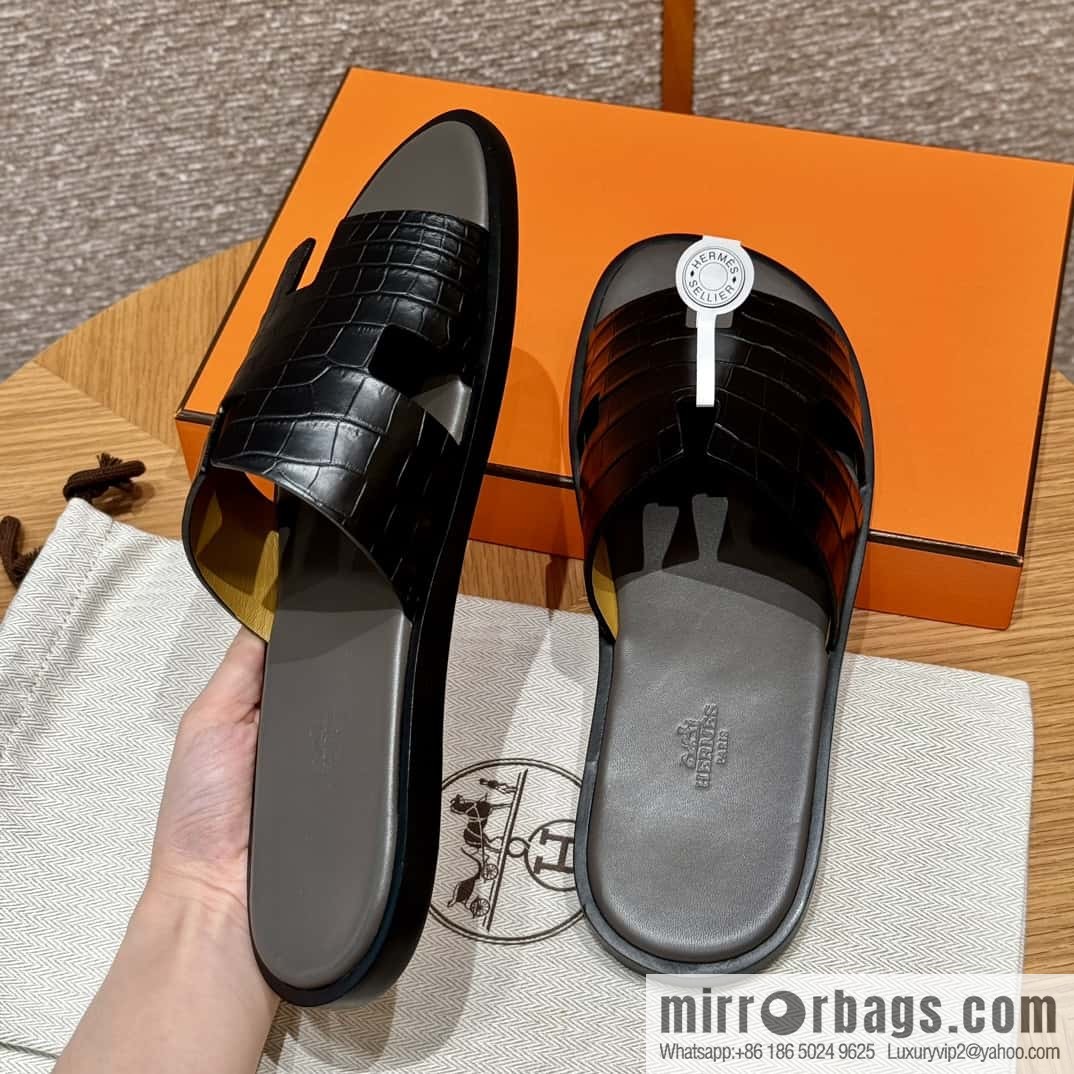 HERMES 182 -Lzmir Men's slippers, black/89/Black/with tin ash alligator/alligator🐊