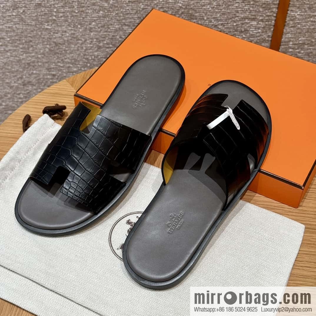 HERMES 182 -Lzmir Men's slippers, black/89/Black/with tin ash alligator/alligator🐊