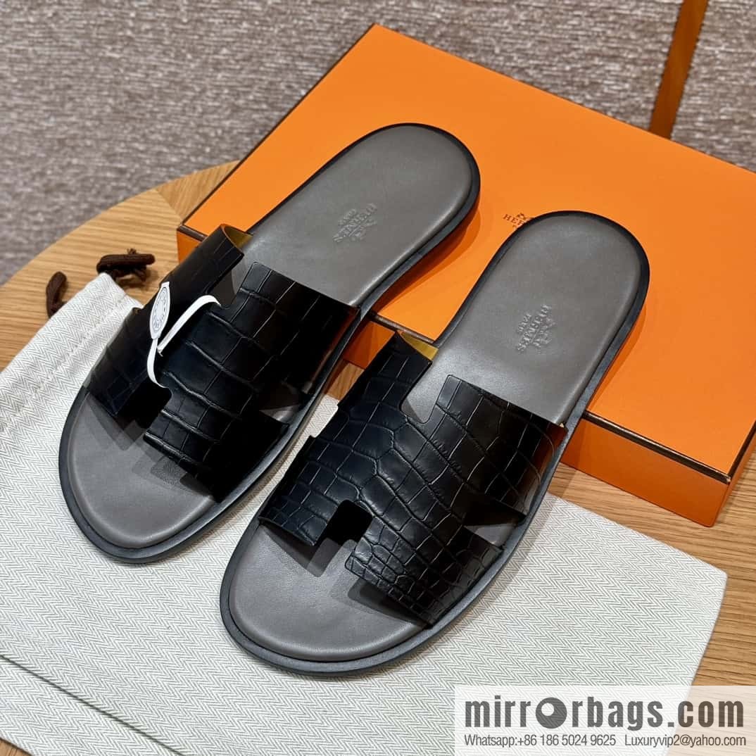 HERMES 182 -Lzmir Men's slippers, black/89/Black/with tin ash alligator/alligator🐊