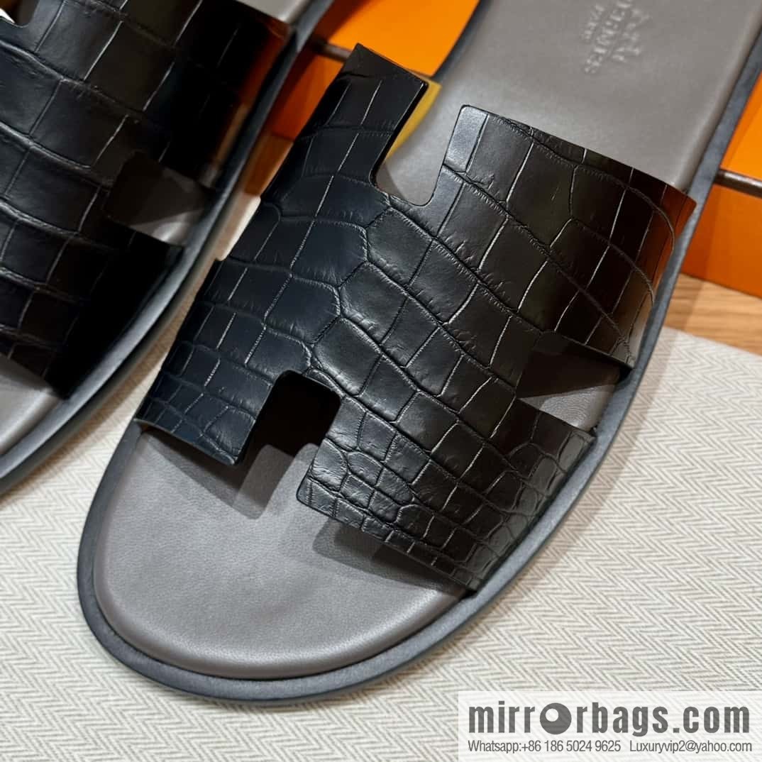 HERMES 182 -Lzmir Men's slippers, black/89/Black/with tin ash alligator/alligator🐊