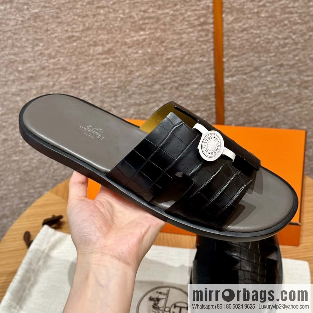 HERMES 182 -Lzmir Men's slippers, black/89/Black/with tin ash alligator/alligator🐊