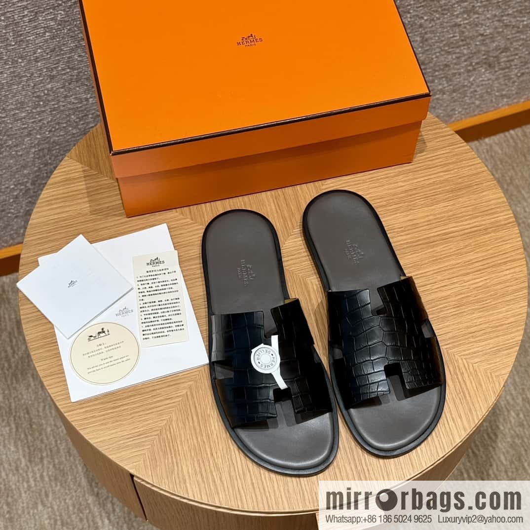 HERMES 182 -Lzmir Men's slippers, black/89/Black/with tin ash alligator/alligator🐊