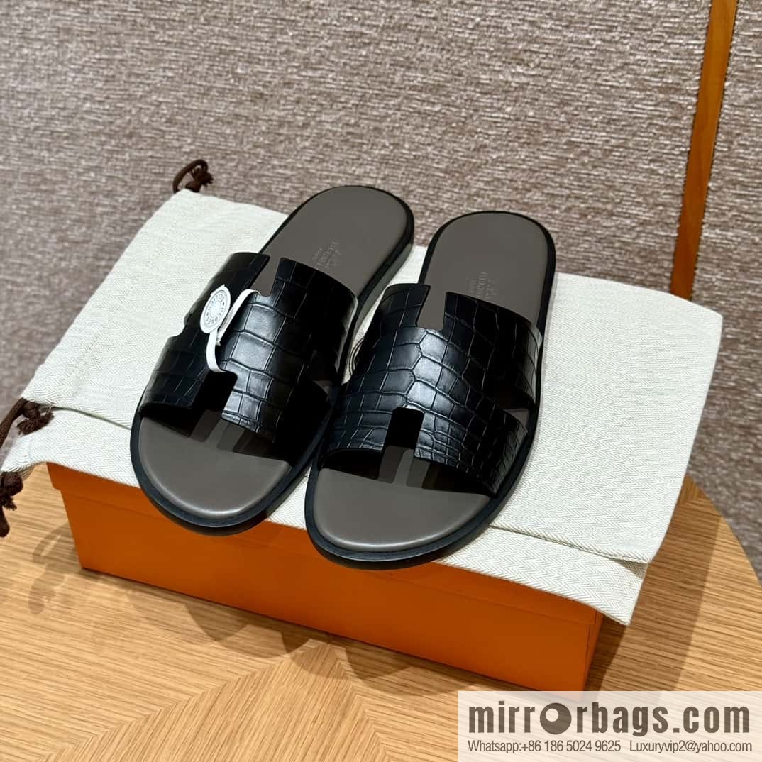 HERMES 182 -Lzmir Men's slippers, black/89/Black/with tin ash alligator/alligator🐊