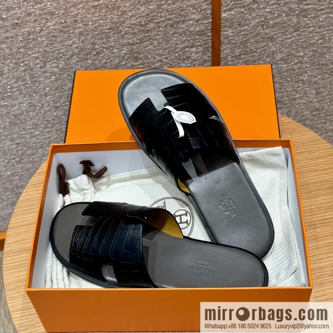 HERMES 182 -Lzmir Men's slippers, black/89/Black/with tin ash alligator/alligator🐊