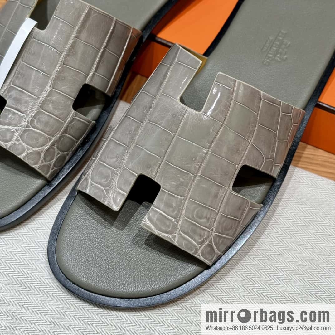 HERMES 182 -Lzmir Men's slippers Men's slippers, turtledove gray/ck81/with tin ash foot pad alligator/crocodile🐊