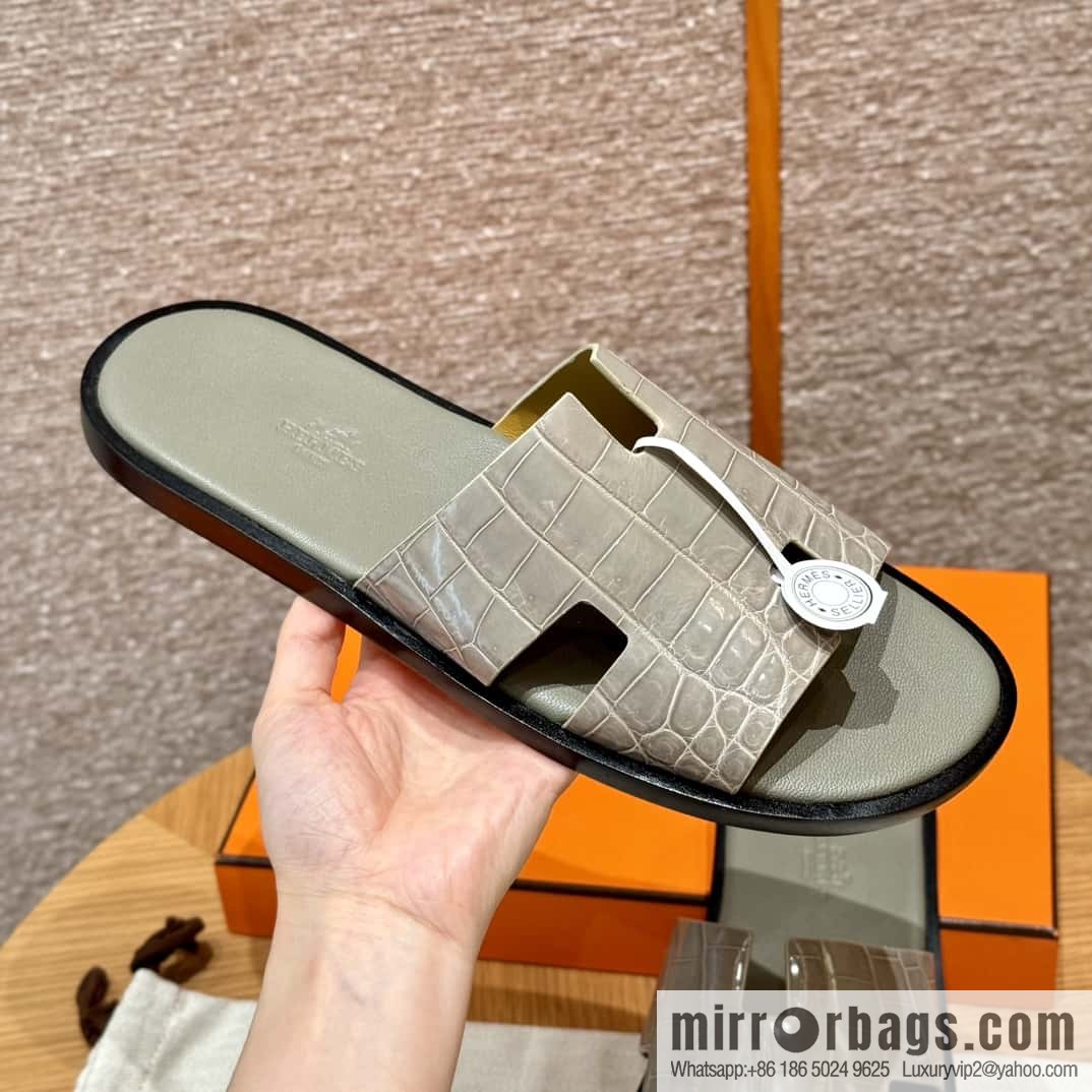 HERMES 182 -Lzmir Men's slippers Men's slippers, turtledove gray/ck81/with tin ash foot pad alligator/crocodile🐊