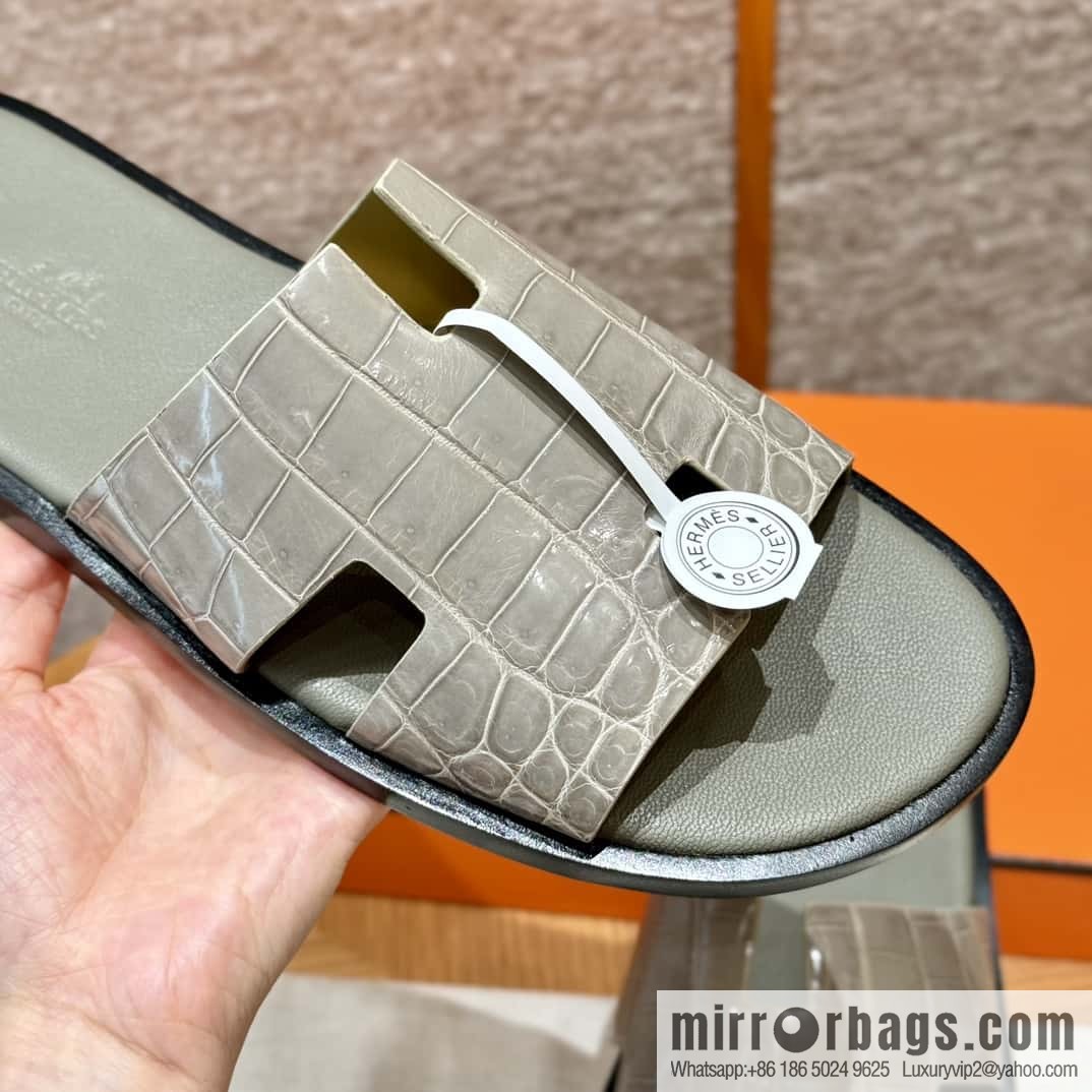 HERMES 182 -Lzmir Men's slippers Men's slippers, turtledove gray/ck81/with tin ash foot pad alligator/crocodile🐊