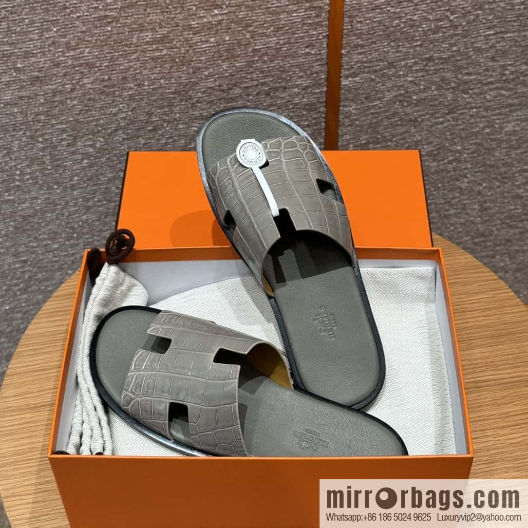 HERMES 182 -Lzmir Men's slippers Men's slippers, turtledove gray/ck81/with tin ash foot pad alligator/crocodile🐊
