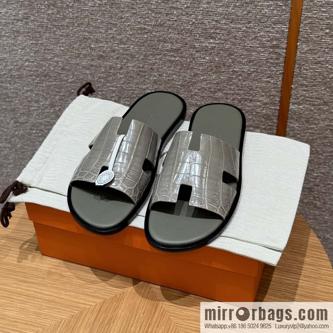 HERMES 182 -Lzmir Men's slippers Men's slippers, turtledove gray/ck81/with tin ash foot pad alligator/crocodile🐊