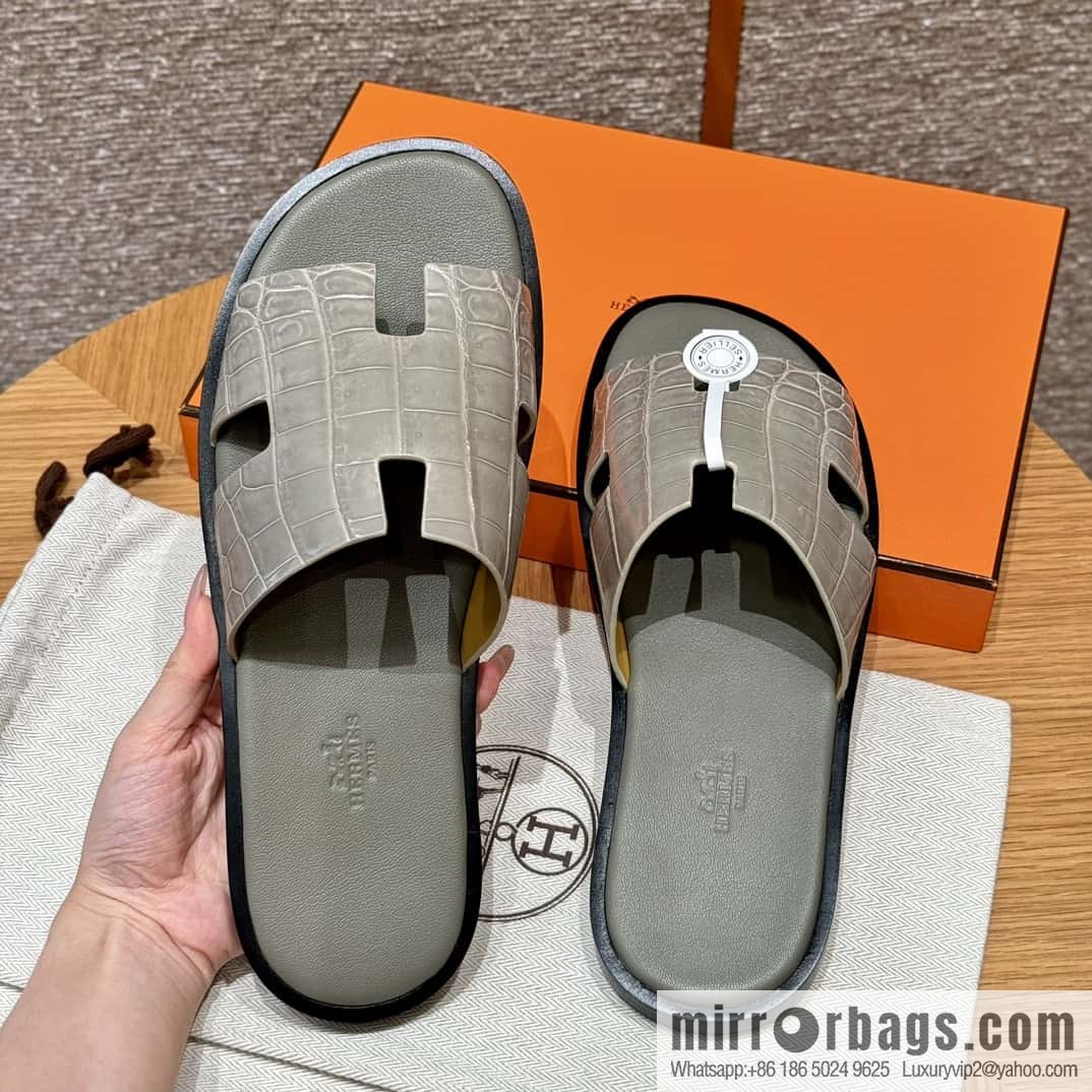 HERMES 182 -Lzmir Men's slippers Men's slippers, turtledove gray/ck81/with tin ash foot pad alligator/crocodile🐊