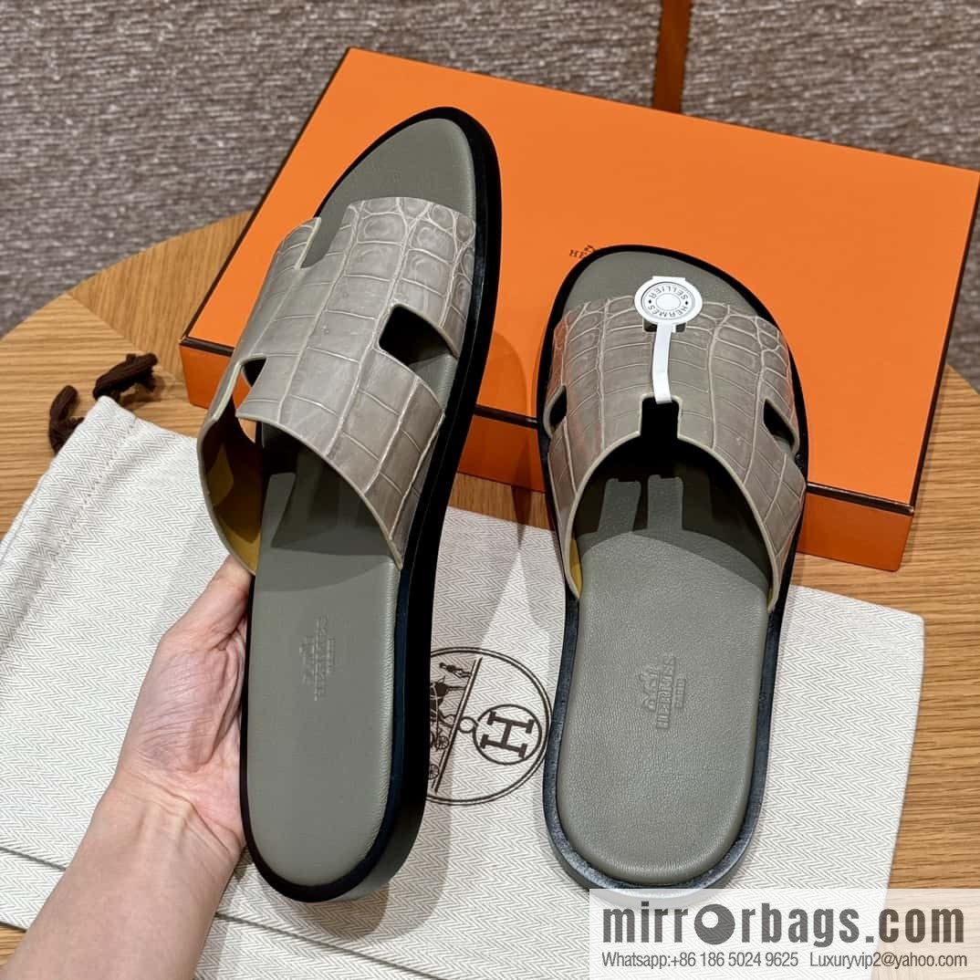 HERMES 182 -Lzmir Men's slippers Men's slippers, turtledove gray/ck81/with tin ash foot pad alligator/crocodile🐊