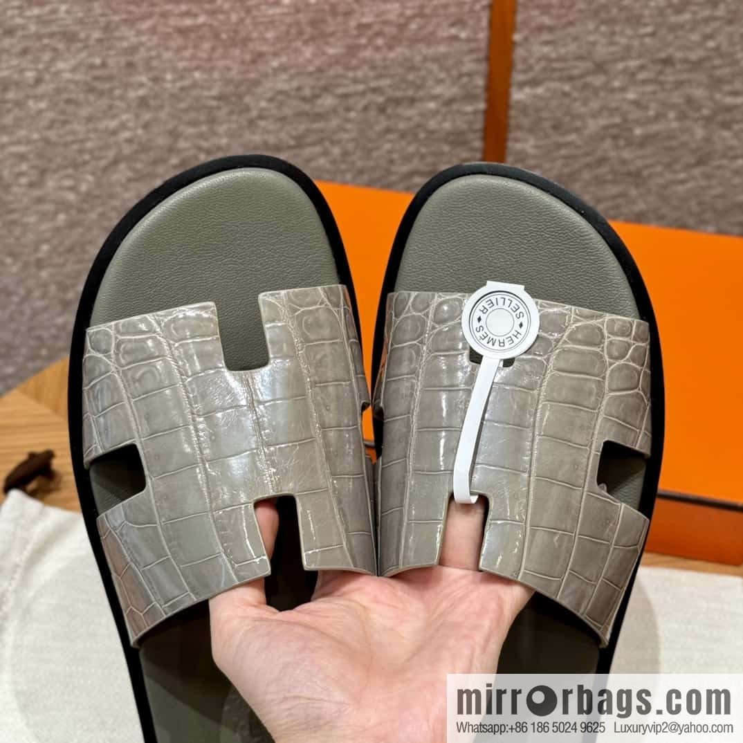 HERMES 182 -Lzmir Men's slippers Men's slippers, turtledove gray/ck81/with tin ash foot pad alligator/crocodile🐊