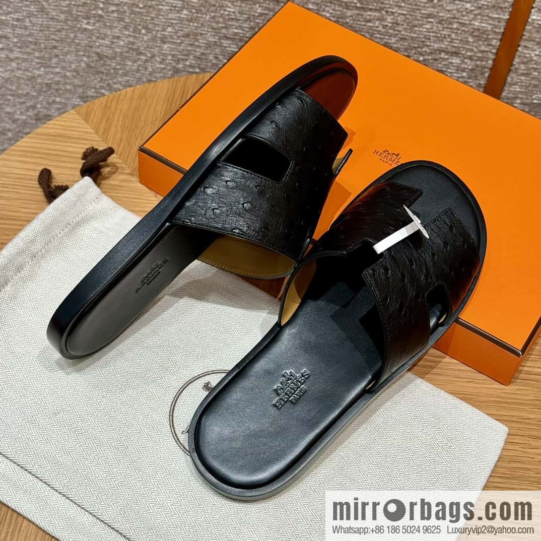 HERMES 182 -Lzmir Men's slippers, black/89/Black/with black foot pads, ostrich π¦/Ostrich