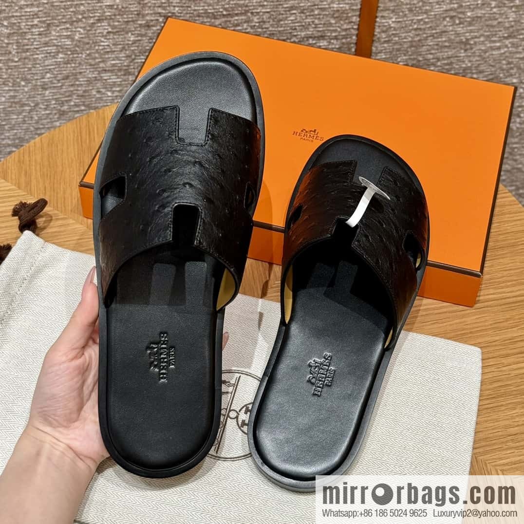 HERMES 182 -Lzmir Men's slippers, black/89/Black/with black foot pads, ostrich π¦/Ostrich