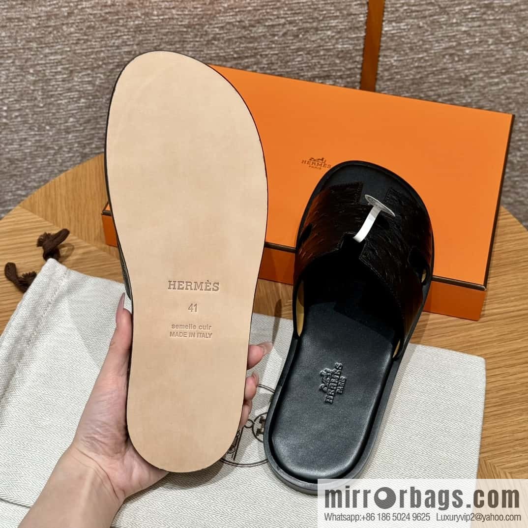 HERMES 182 -Lzmir Men's slippers, black/89/Black/with black foot pads, ostrich π¦/Ostrich