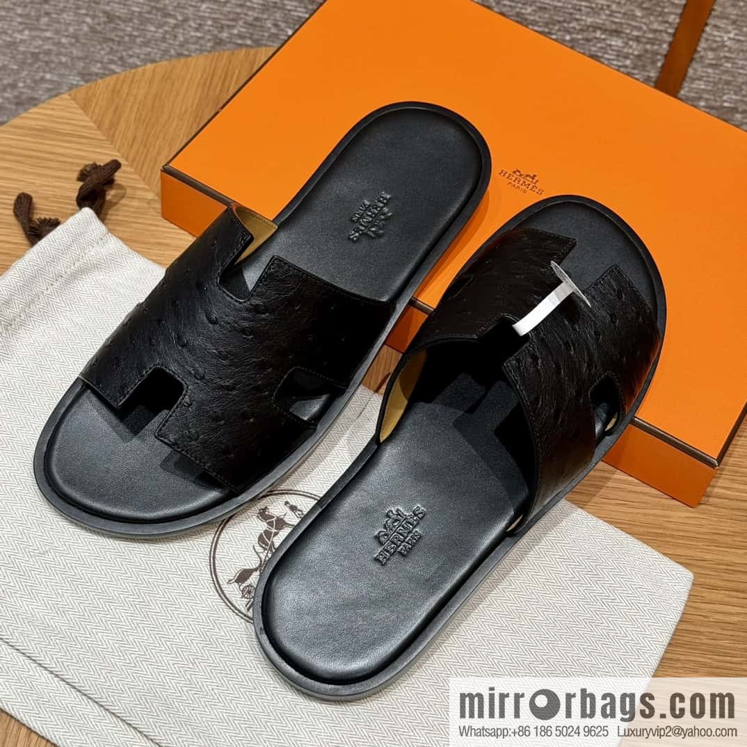 HERMES 182 -Lzmir Men's slippers, black/89/Black/with black foot pads, ostrich π¦/Ostrich