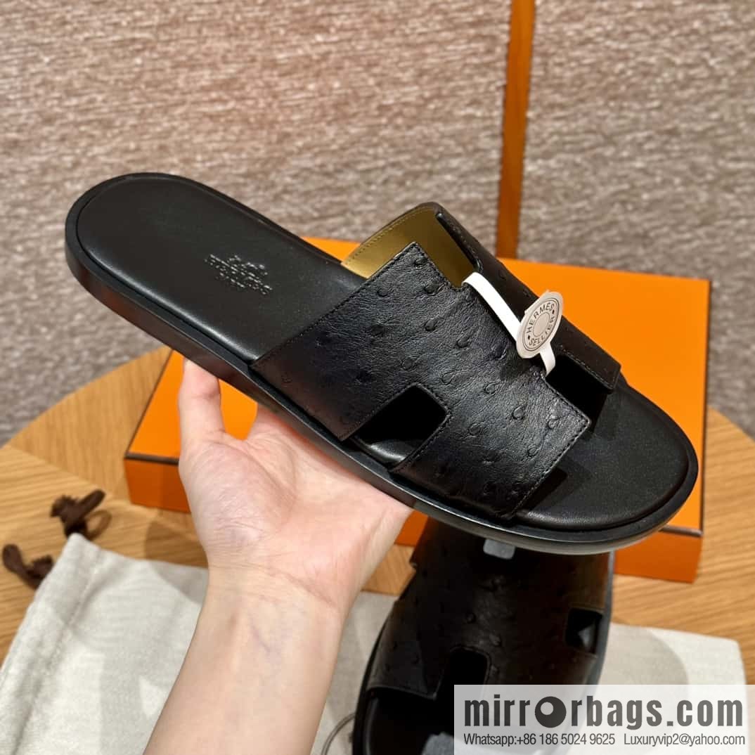 HERMES 182 -Lzmir Men's slippers, black/89/Black/with black foot pads, ostrich π¦/Ostrich