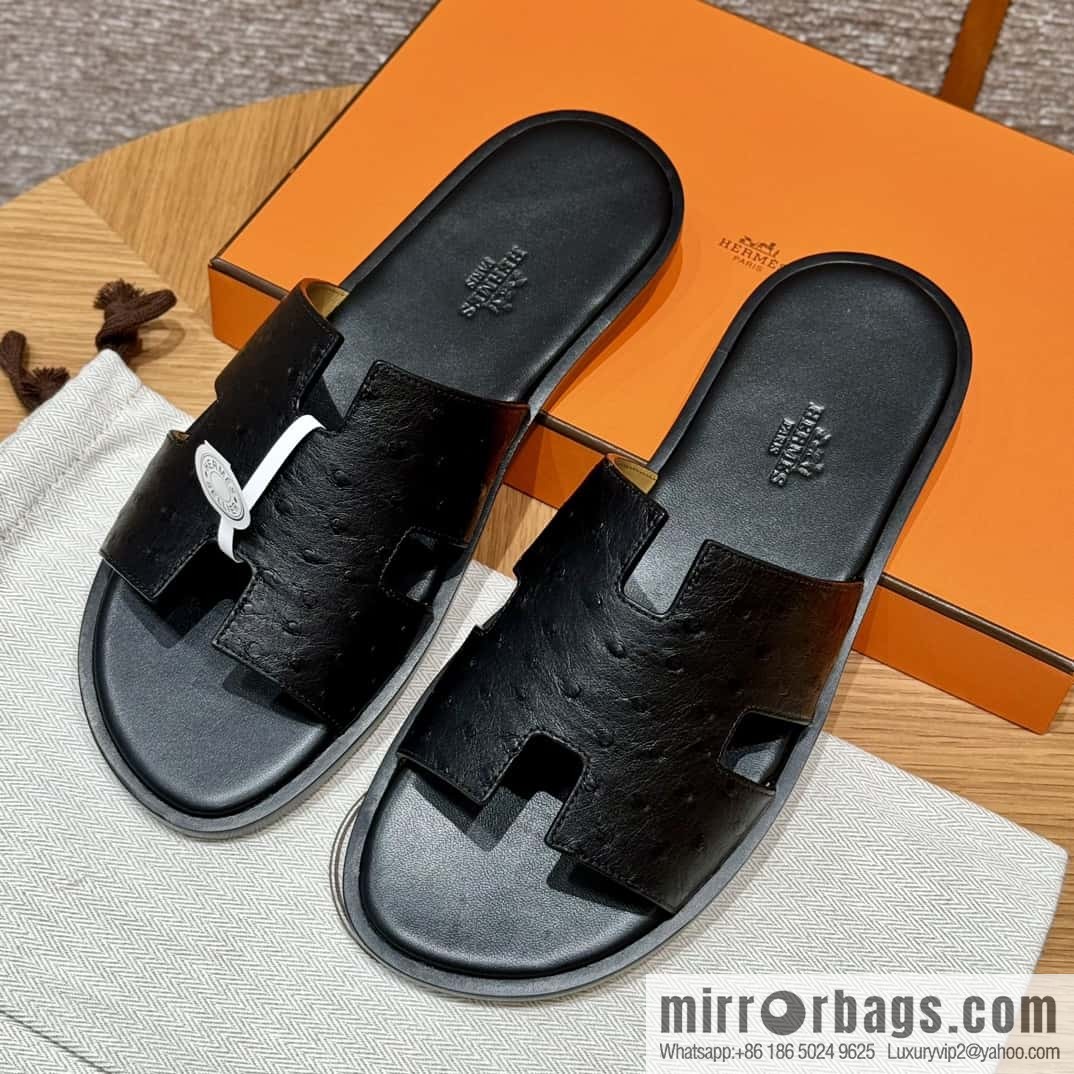 HERMES 182 -Lzmir Men's slippers, black/89/Black/with black foot pads, ostrich π¦/Ostrich