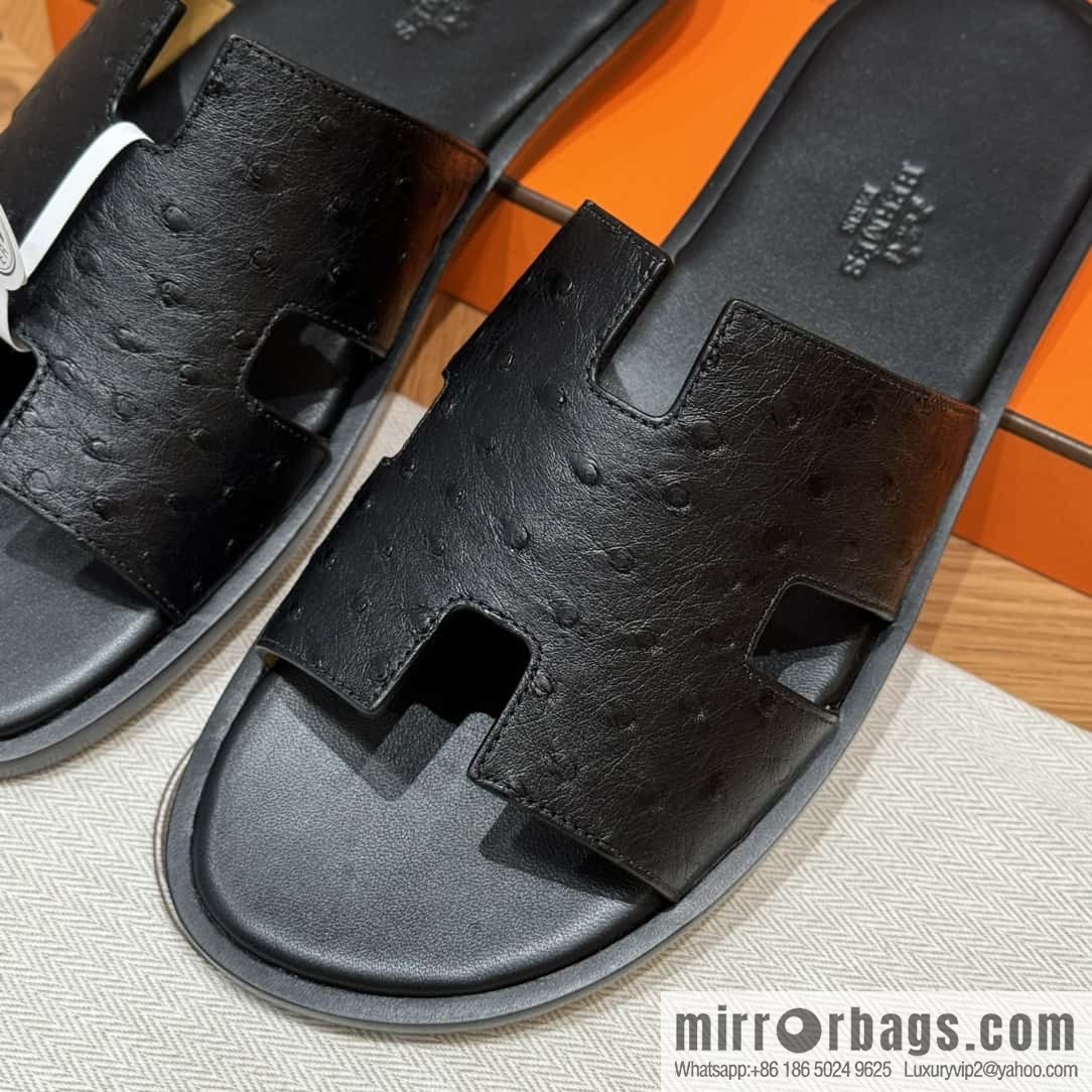 HERMES 182 -Lzmir Men's slippers, black/89/Black/with black foot pads, ostrich π¦/Ostrich