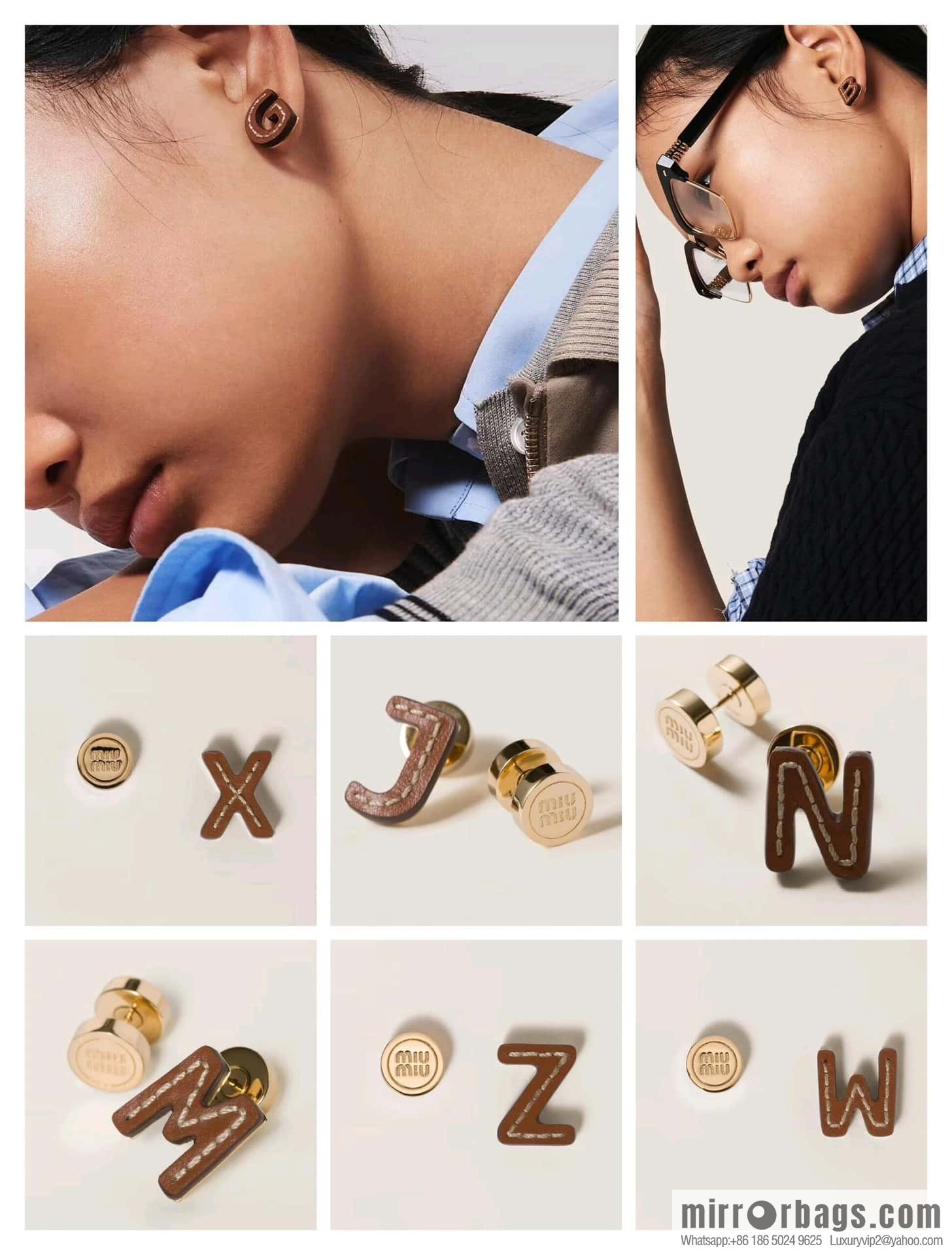 ❗️New ❗️ (Pair) MIU MIU Miu Asymmetrical Leather Letter Stud Earrings