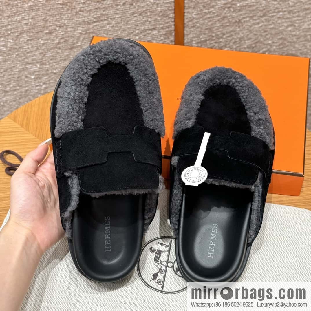 HERMES 190 Go Muller shoes, black/Noir suede calf leather/Suede calf leather