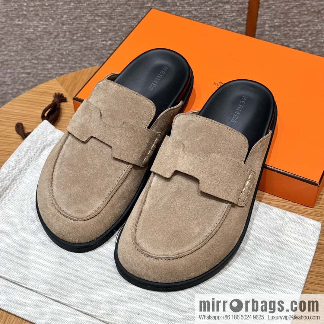 HERMES 190 Go Mueller shoes, sandy beige/Beige Sable suede calf leather/Suede calf leather