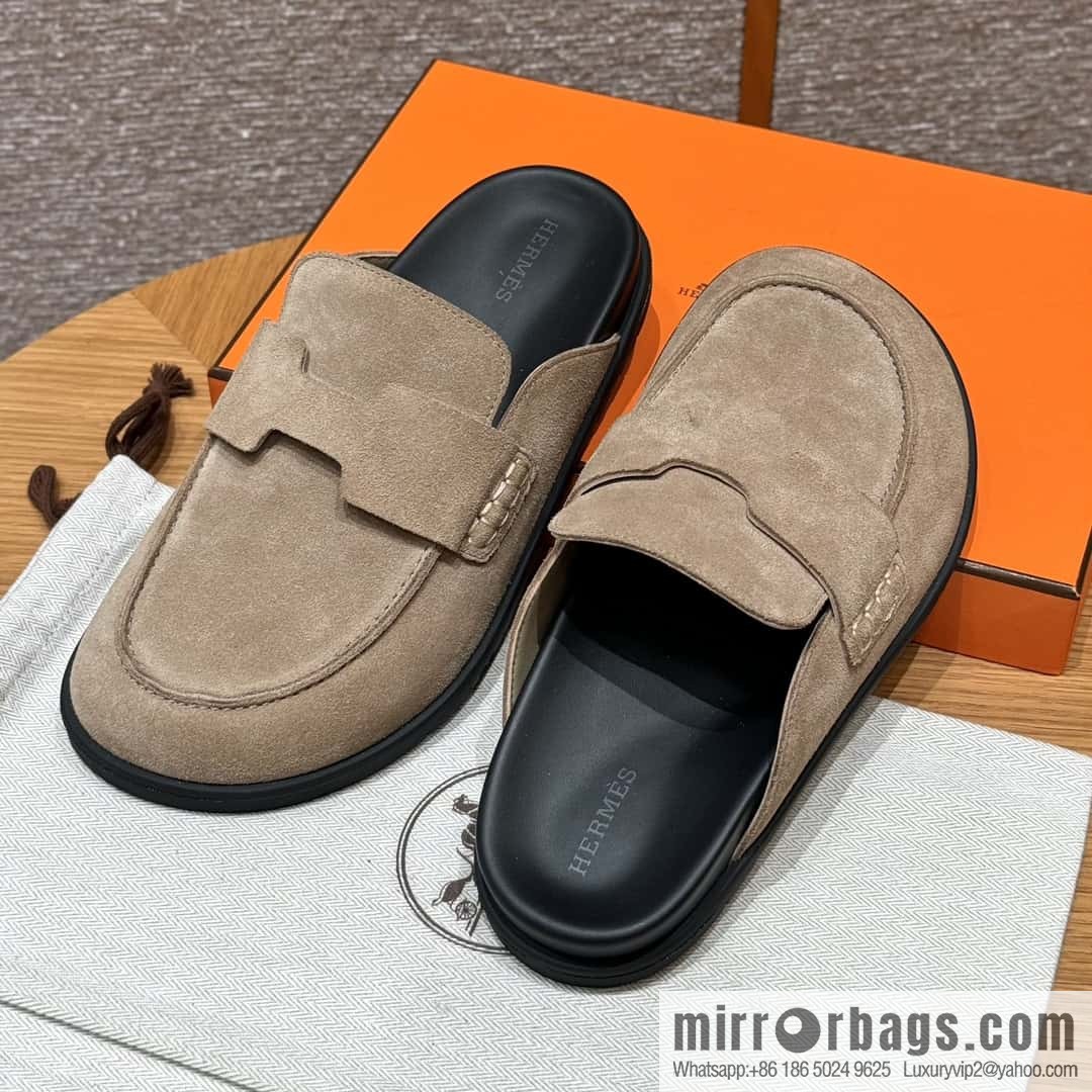 HERMES 190 Go Mueller shoes, sandy beige/Beige Sable suede calf leather/Suede calf leather