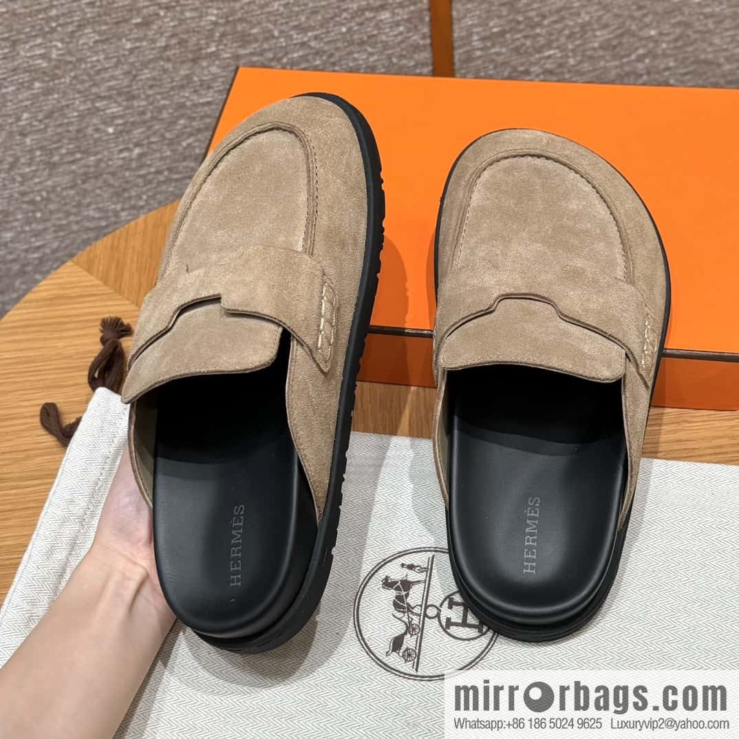 HERMES 190 Go Mueller shoes, sandy beige/Beige Sable suede calf leather/Suede calf leather