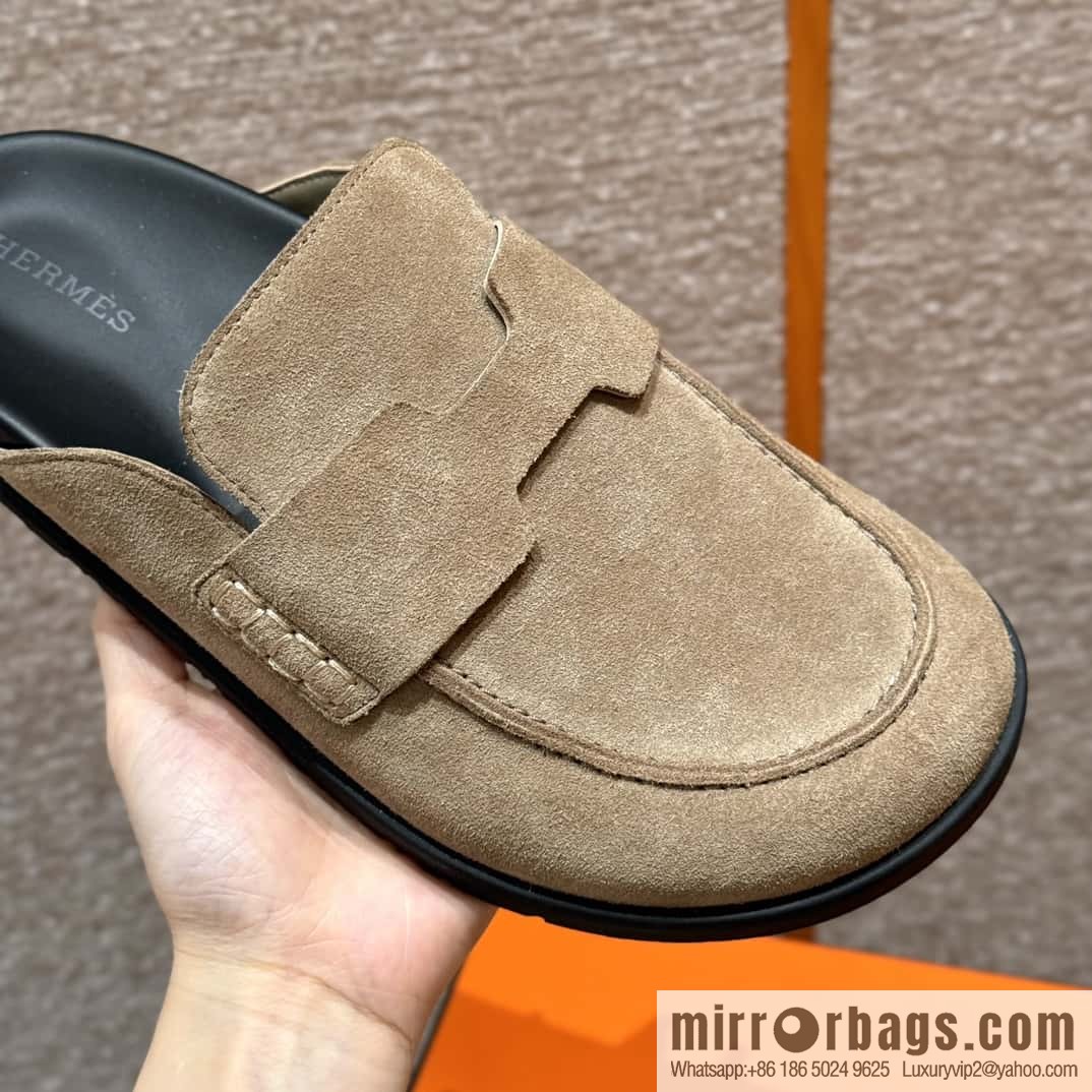 HERMES 190 Go Mueller shoes, sandy beige/Beige Sable suede calf leather/Suede calf leather
