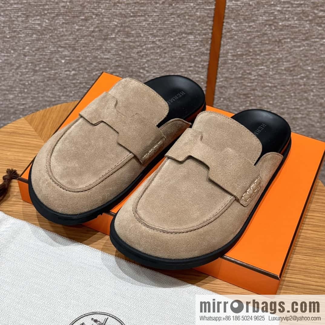 HERMES 190 Go Mueller shoes, sandy beige/Beige Sable suede calf leather/Suede calf leather