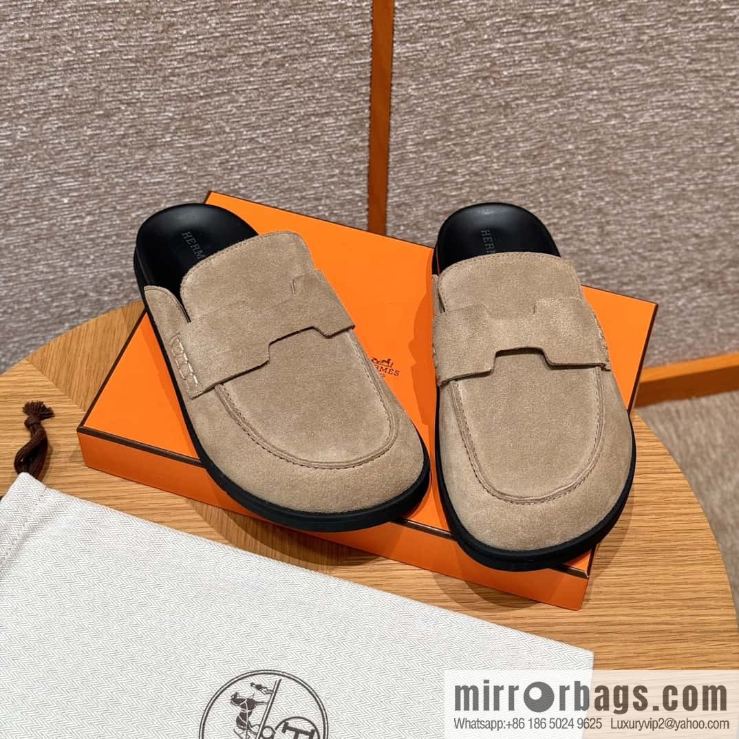 HERMES 190 Go Mueller shoes, sandy beige/Beige Sable suede calf leather/Suede calf leather