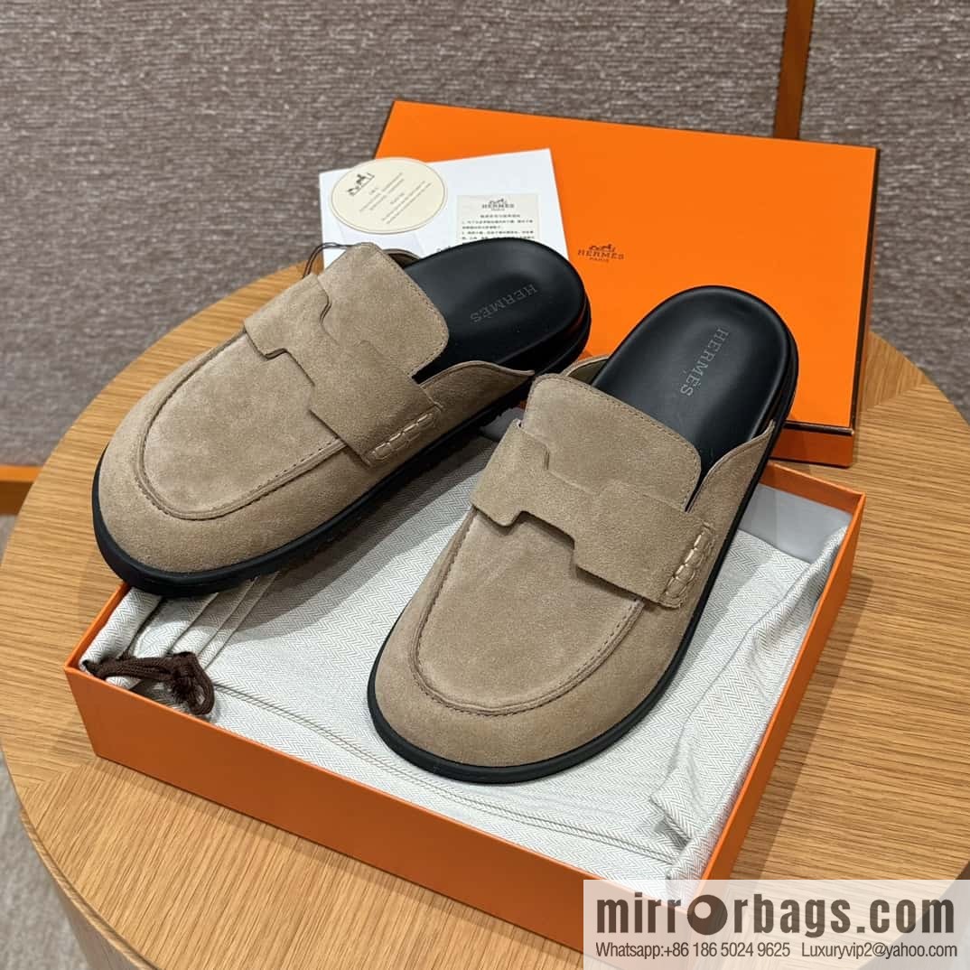 HERMES 190 Go Mueller shoes, sandy beige/Beige Sable suede calf leather/Suede calf leather