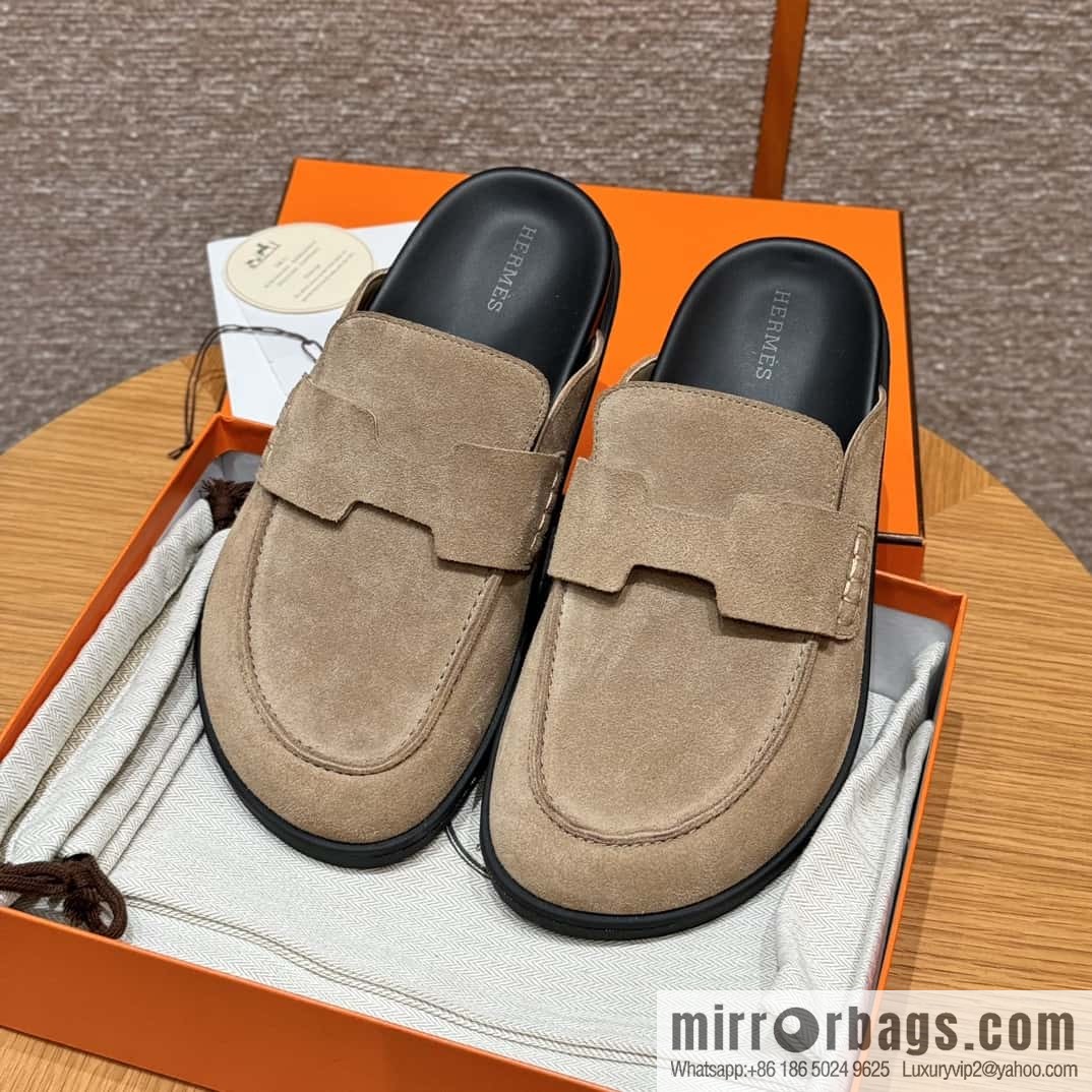 HERMES 190 Go Mueller shoes, sandy beige/Beige Sable suede calf leather/Suede calf leather