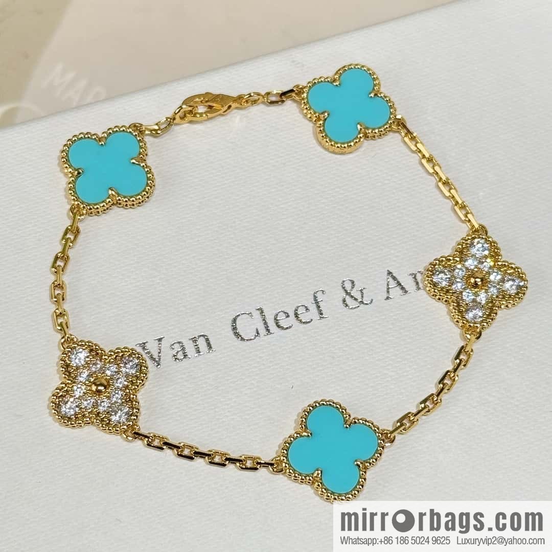 ❗️CNC version ❗️ ☀️ Van Cleef & Arpels diamond turquoise four-leaf clover five-flower bracelet ☀