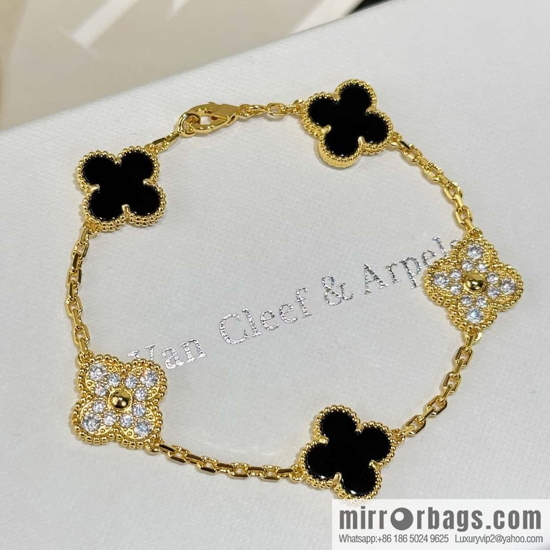 ❗️CNC version ❗️ ☀️ Van Cleef & Arpels diamond black agate four-leaf clover five-flower bracelet ☀