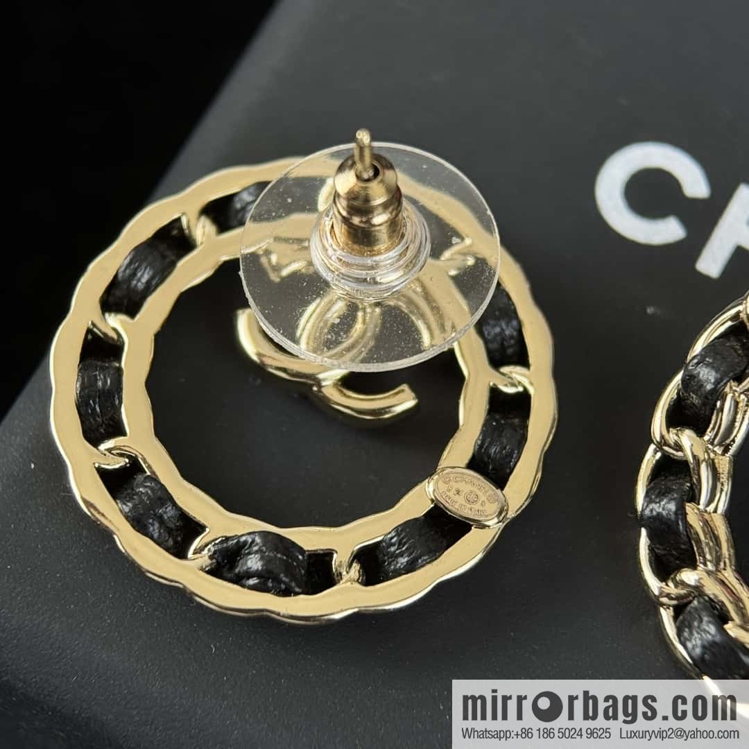❗️New ❗️☀️ New ☑️ Chanel c1 double c round black leather rope stud earrings ☀️