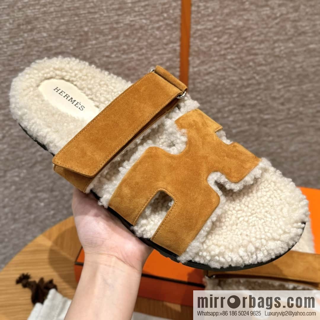 HERMES 180 Chypre men's lamb wool, milk tea color/chai wool/woolskin