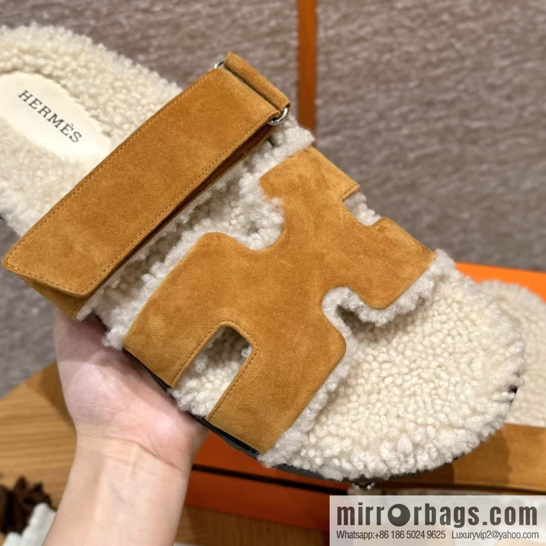HERMES 180 Chypre men's lamb wool, milk tea color/chai wool/woolskin