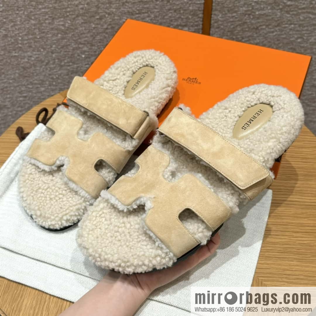 HERMES 180 Chypre men's lamb wool, marble beige/Cream-coloured suede/Chamois/woolskin
