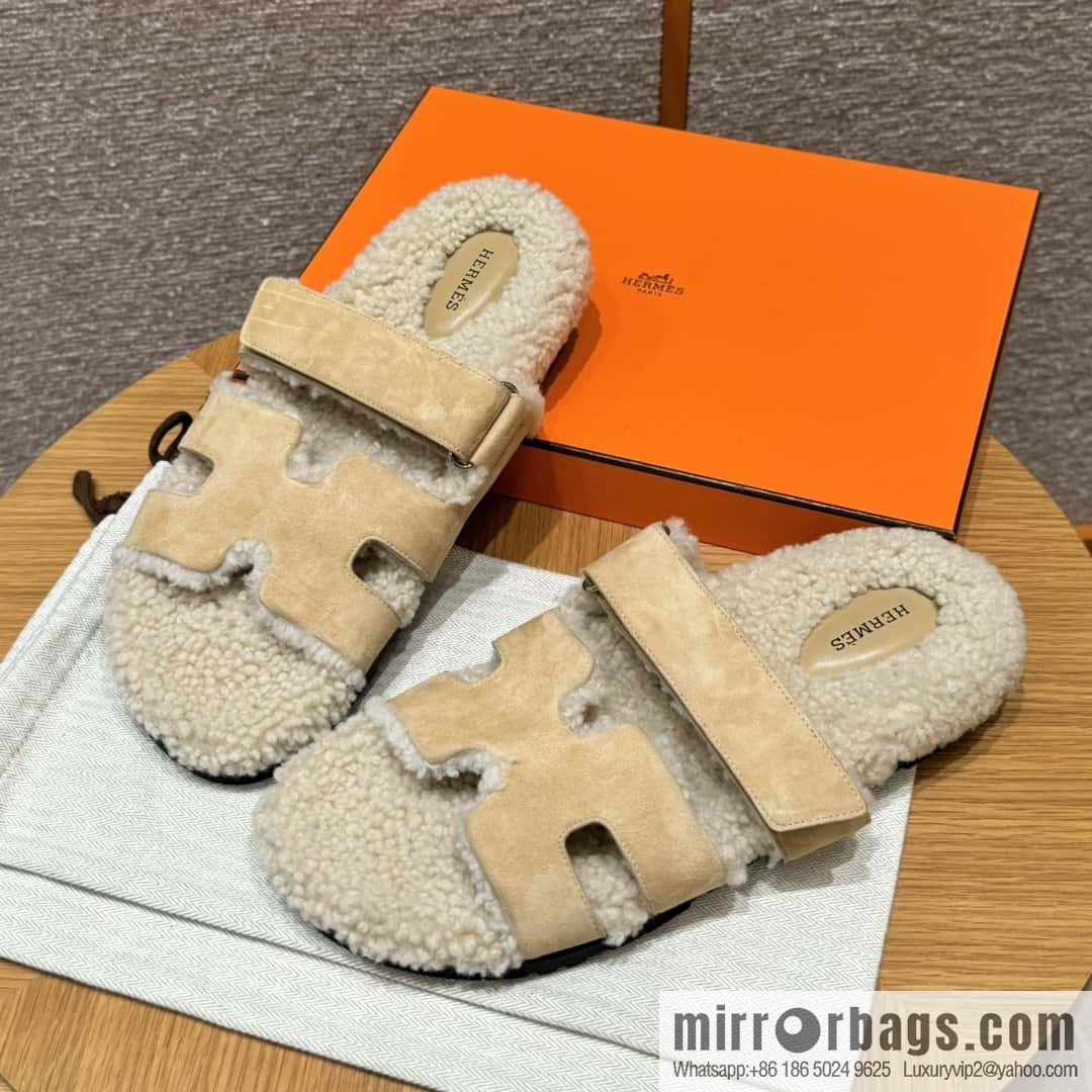 HERMES 180 Chypre men's lamb wool, marble beige/Cream-coloured suede/Chamois/woolskin