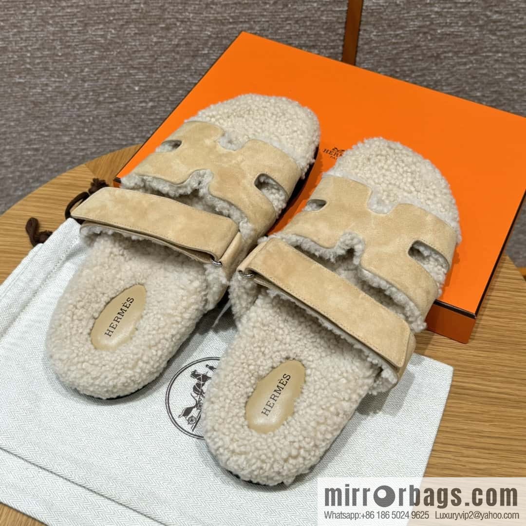HERMES 180 Chypre men's lamb wool, marble beige/Cream-coloured suede/Chamois/woolskin