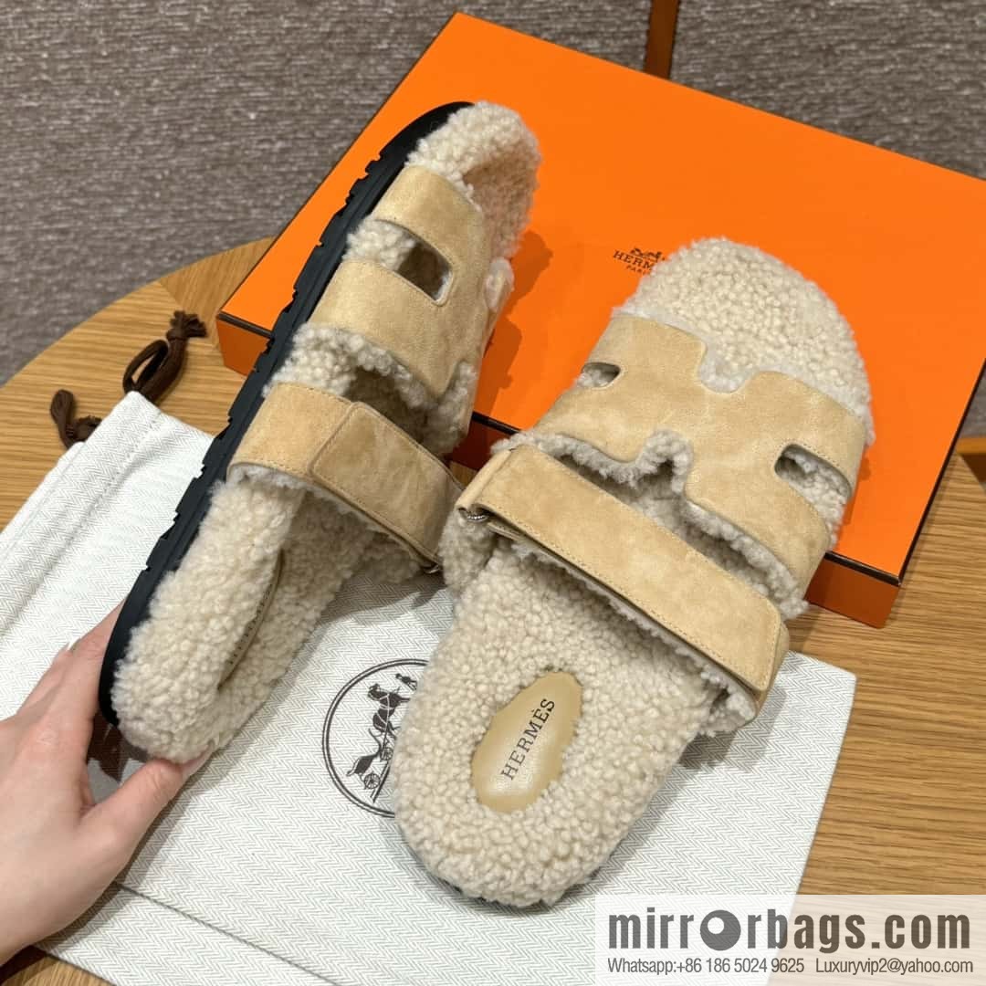 HERMES 180 Chypre men's lamb wool, marble beige/Cream-coloured suede/Chamois/woolskin