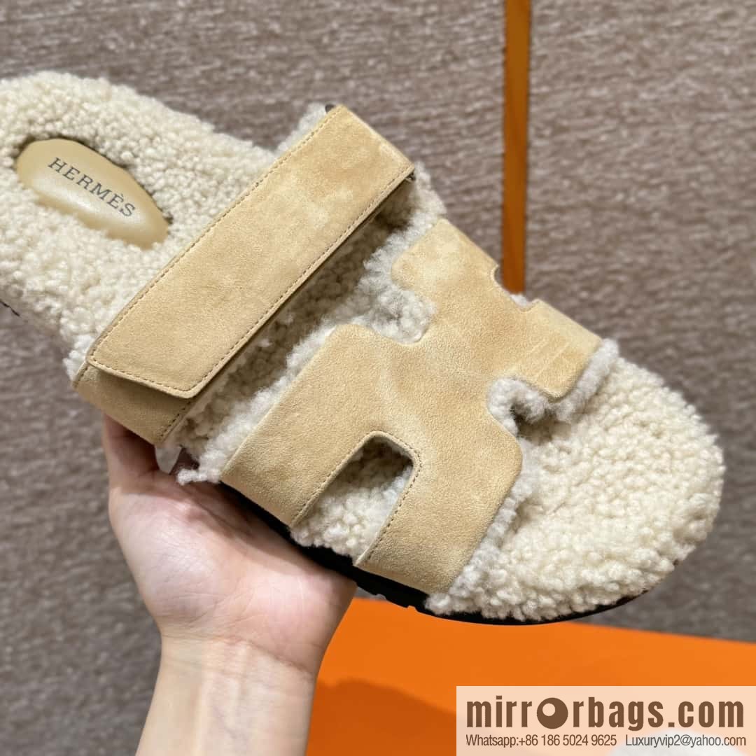 HERMES 180 Chypre men's lamb wool, marble beige/Cream-coloured suede/Chamois/woolskin